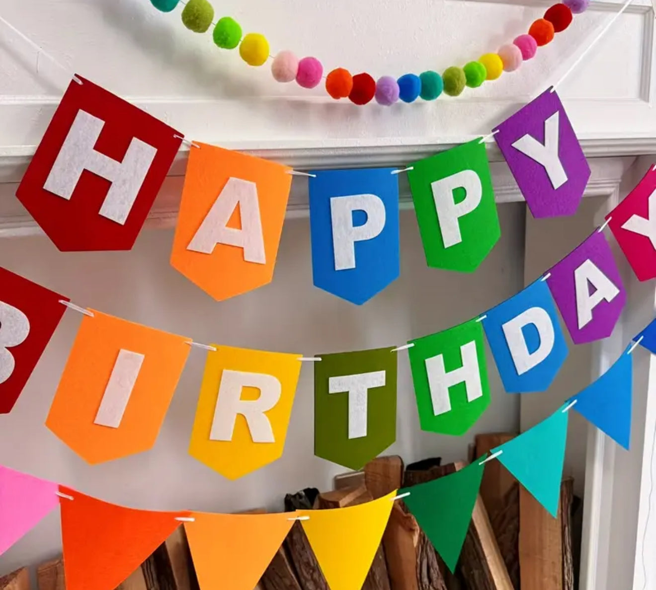 Happy Birthday Banner Decorations - Colourful Felt Triangle & Pom-Pom Garland with "HAPPY BIRTHDAY" Text