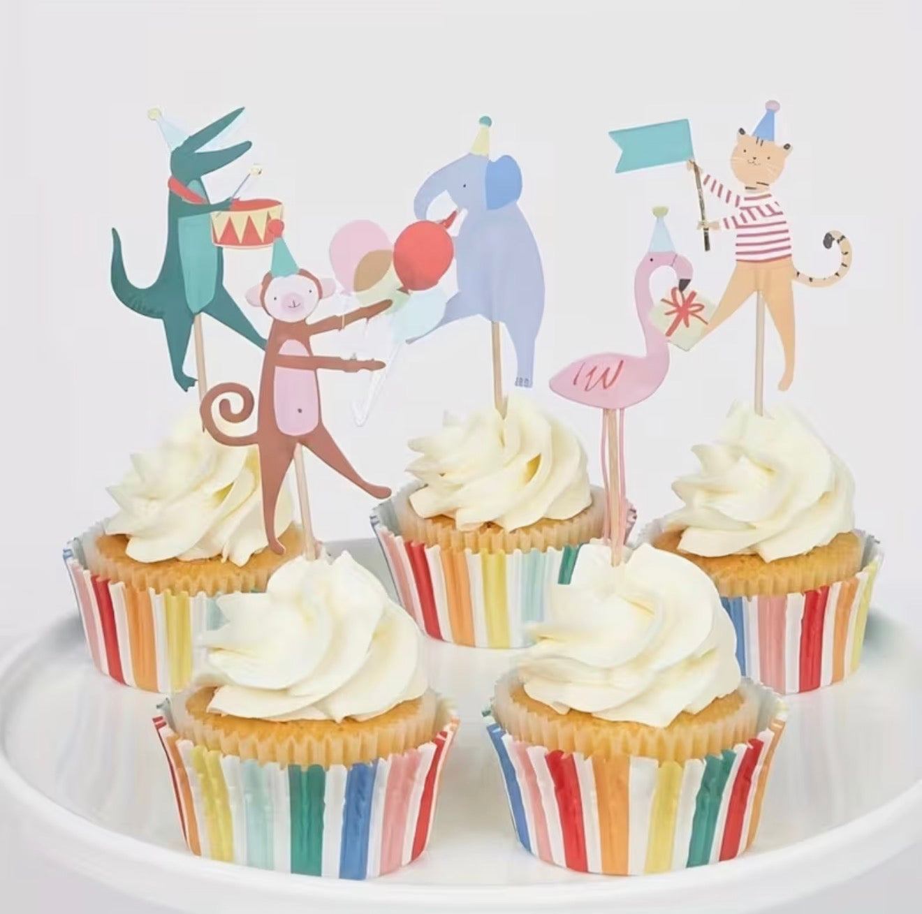 12 Animal Friends Cupcake Toppers with tinsel and fabric details