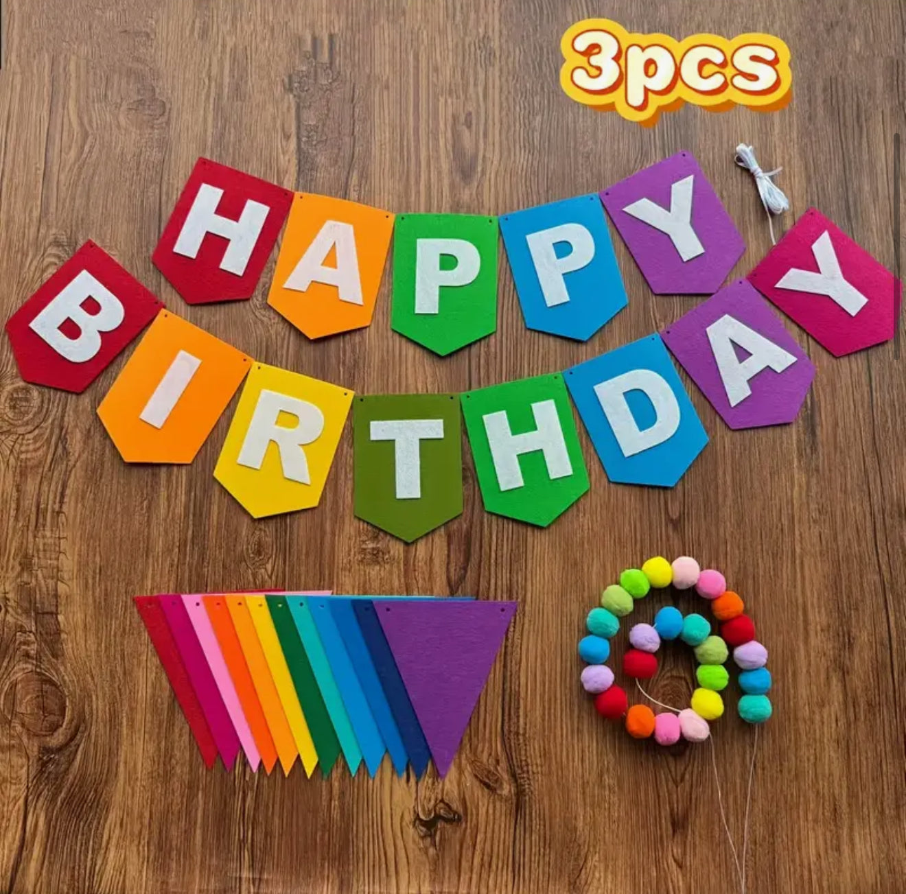 Happy Birthday Banner Decorations - Colourful Felt Triangle & Pom-Pom Garland with "HAPPY BIRTHDAY" Text