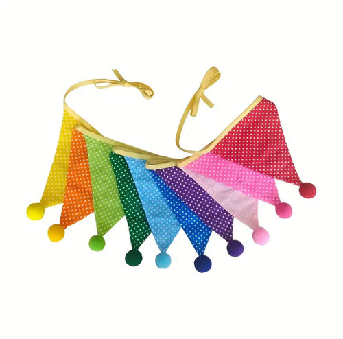Bright multicoloured bunting with pom poms