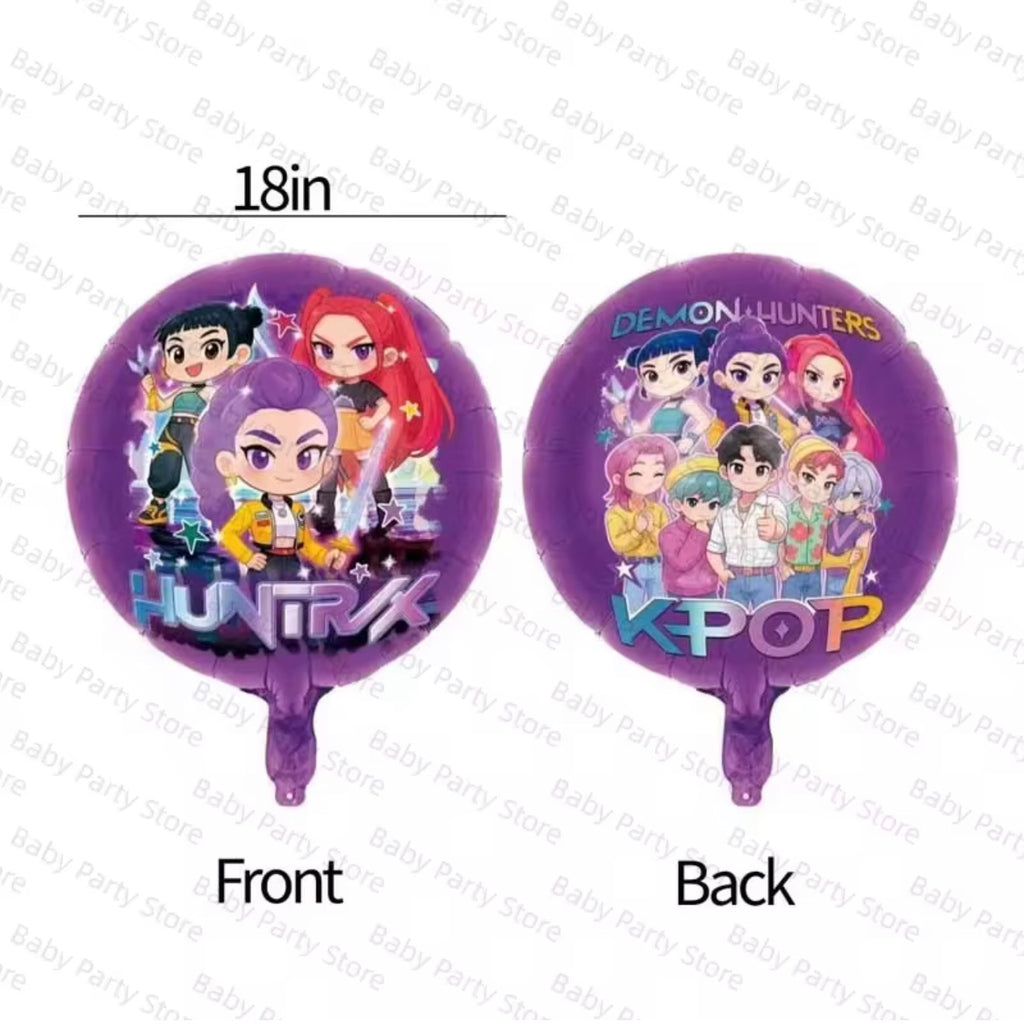 Two purple balloons with character designs on a white background