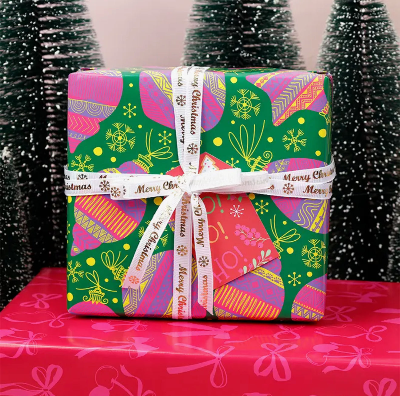 Modern Pink Christmas Ornaments Wrapping Paper Roll