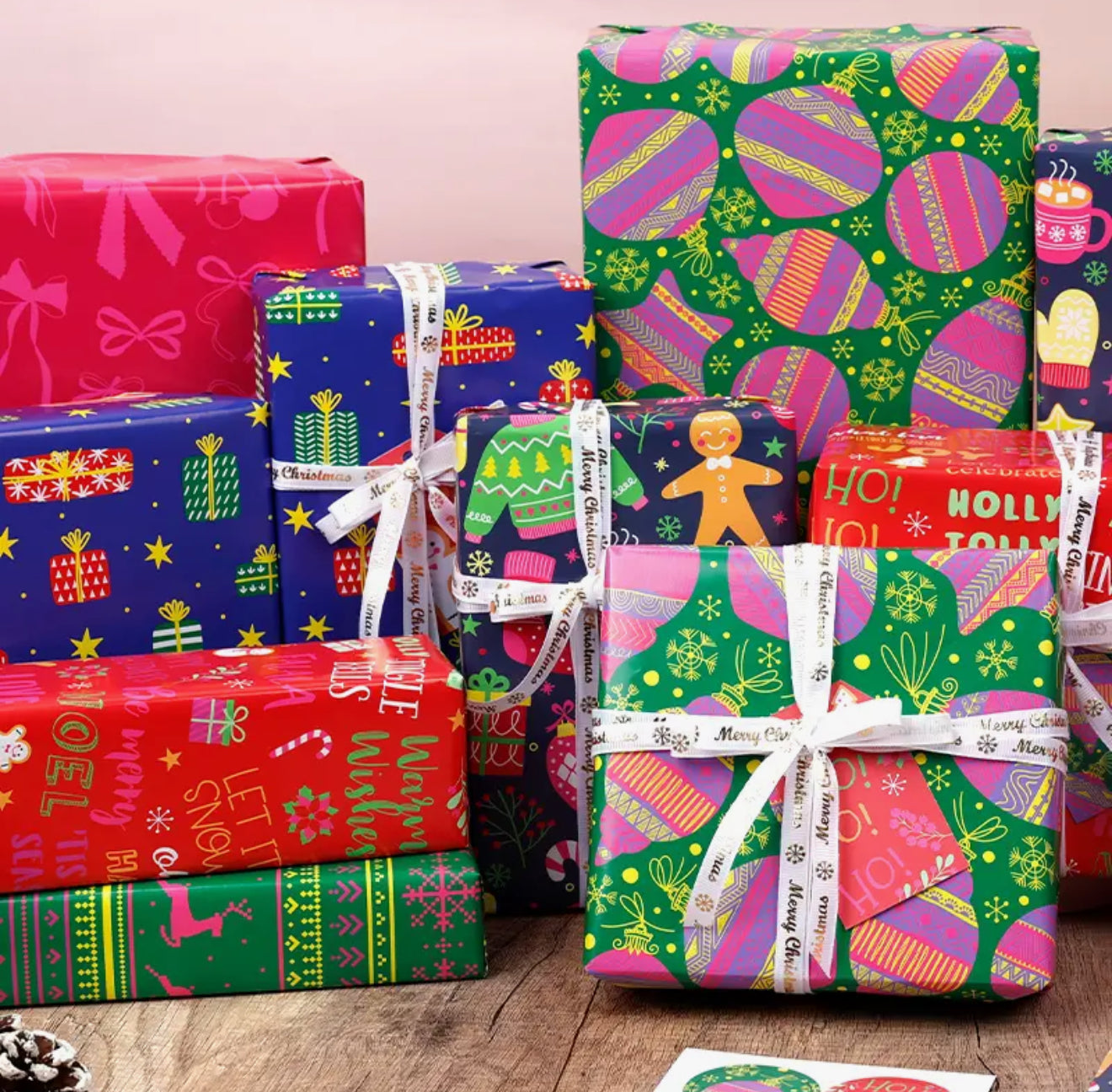 Modern Pink Christmas Ornaments Wrapping Paper Roll