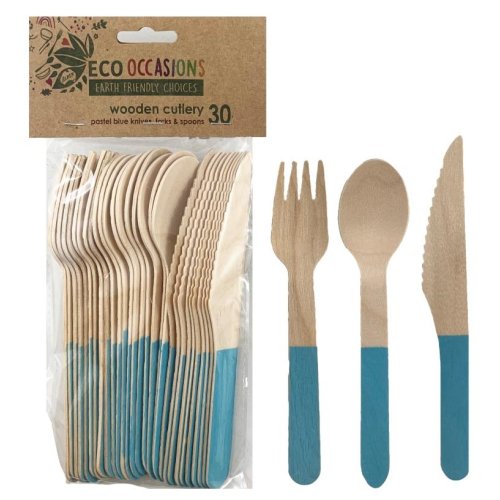 Wooden cutlery blue, disposable, home compostable, biodegradable, eco partyware, boys party decor, gender reveal cake 