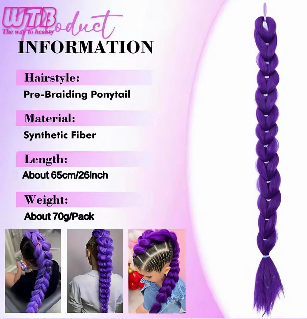 Purple braided hair extension product information with images and text on a pink background
