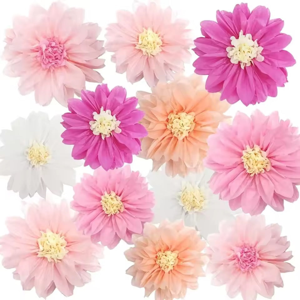 12 Tissue Paper Pom Pom Flowers
