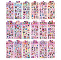 Collection of colorful sticker sheets with cartoon characters on a white background
