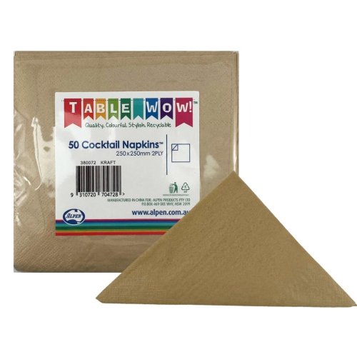 Kraft Cocktail Napkins 25x25cm 2ply Pack of 50
