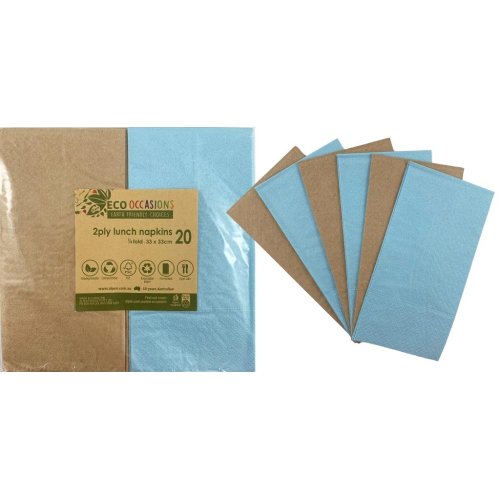 Napkins Lunch 1/8 fold Light Blue & Kraft Pack of 20