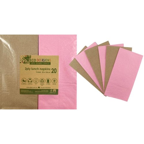 FSC Kraft napkins in pink by Eco Occasions, disposable and compostable, eco partyware Melbourne, eco-friendly tableware Sydney