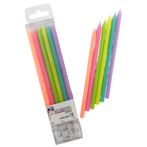 Neon Bright Slim Candles 120mm with Holders 12 Pack