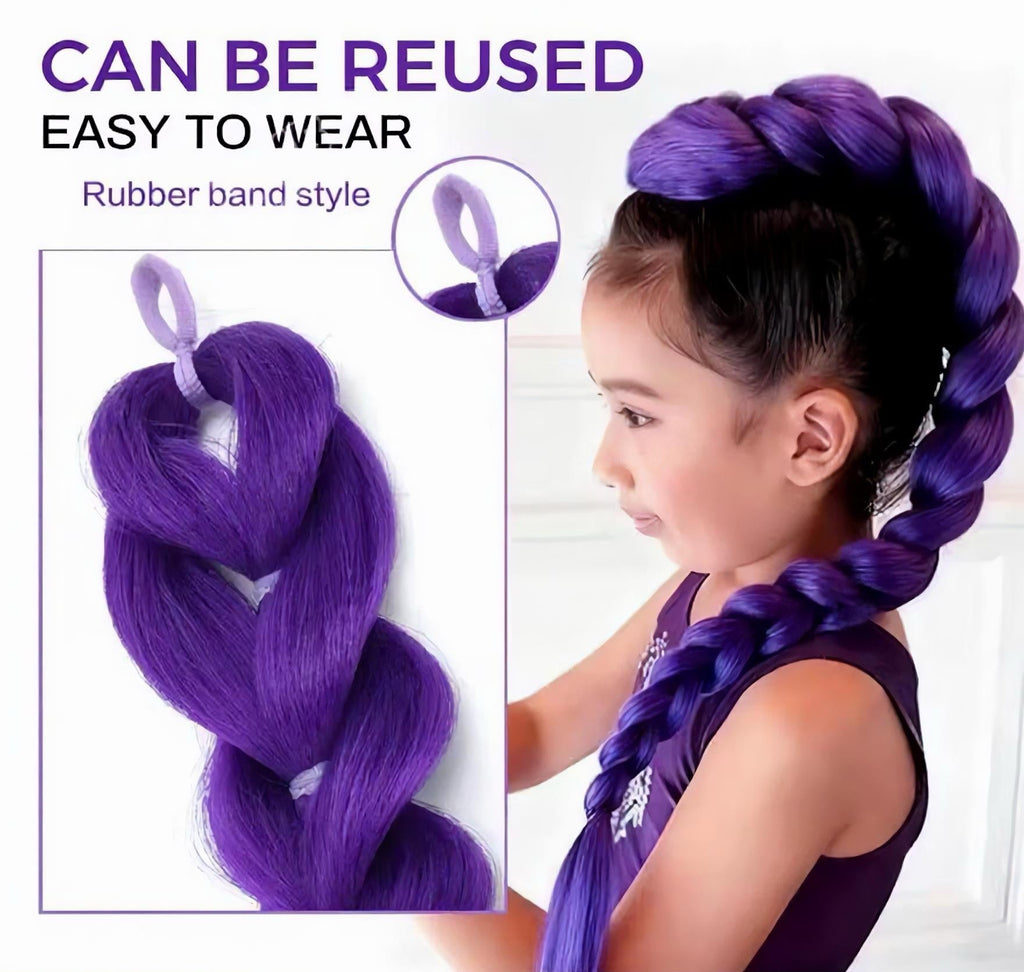 Purple braided hair extensions with a girl wearing them, labeled as reusable and easy to wear.