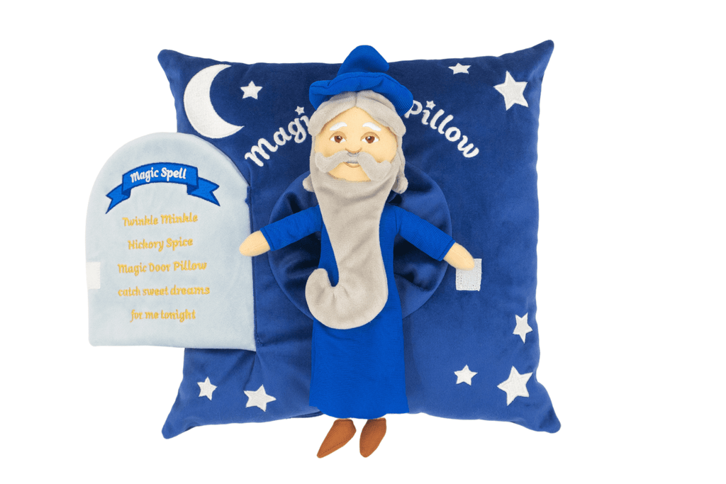 A sleepy wizard plush toy with a blue magic door pillow, your toddler or child will sleep soundly all night having a good dream