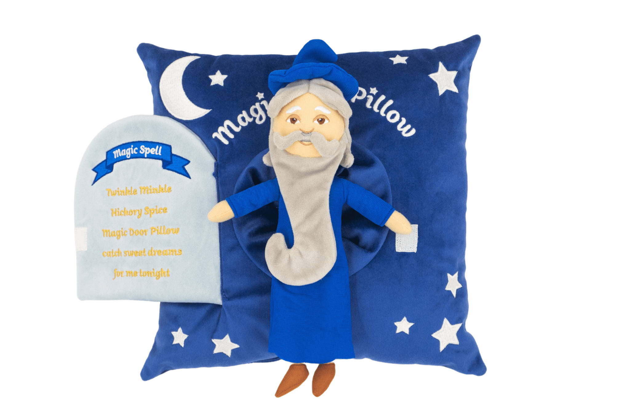 A sleepy wizard plush toy with a blue magic door pillow, your toddler or child will sleep soundly all night having a good dream