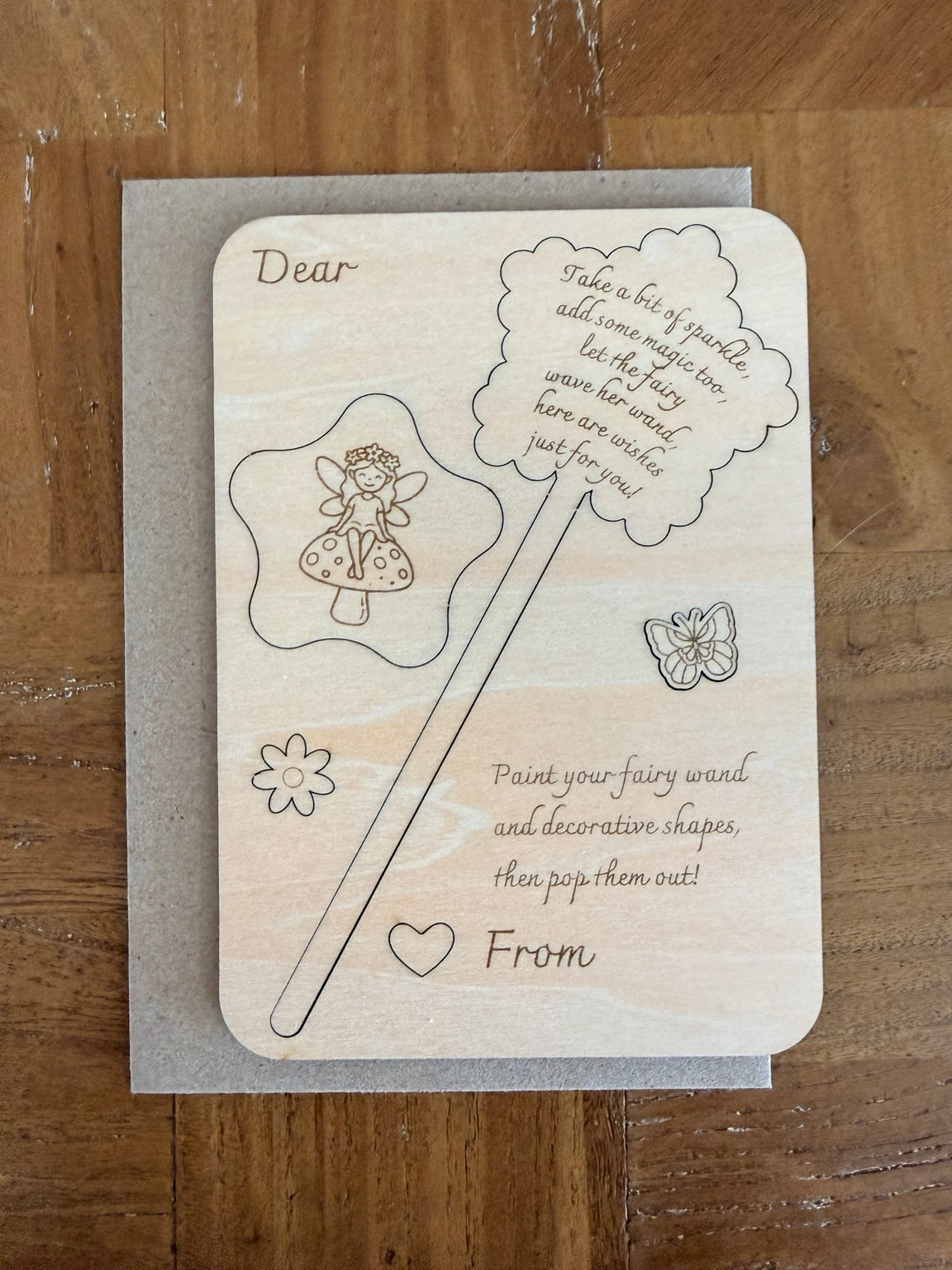Wooden paint-your-own fairy wand birthday card with pop-out wand and decorative shapes